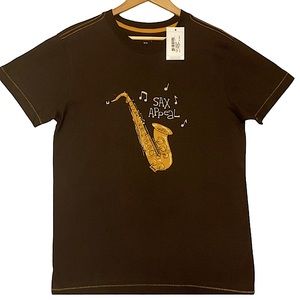 HATLEY Men’s sz Medium T Shirt “Sax Appeal” Cotton Short Sleeve Brown Yellow NWT